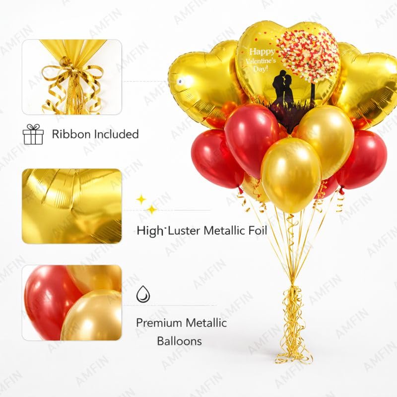 Image of AMFIN (Pack of 9) Happy Valentine's Day Balloon Decoration Set | Romantic Heart Foil Bouquet Metallic Helium Bunch Proposal Anniversary Celebration Party Decor - Red Black