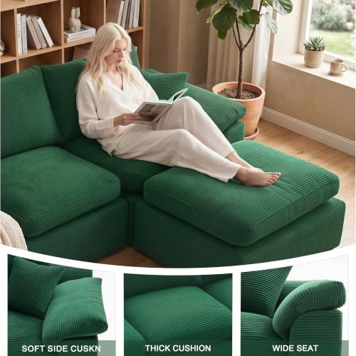 Image of Cloud Sectional Couch, Boneless Couch Modular Sofa, Green | U shaped, Couches for Living Room & Apartments, Deep Seat & Convertible Ottoman, Kid & Pet Friendly, Family Ready