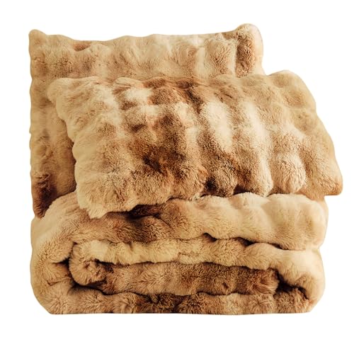 Image of Wonderful - 3 Pieces Faux Rabbit Fur Comforter Set King Size, Caramel Tie Dye Plush Bedding Set, 3D Sculpted Bubble Warm Fluffy Comforter for Winter