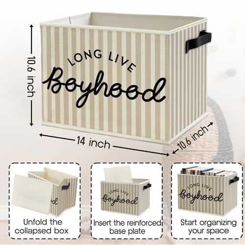 Image of Black Long Live Boyhood Boys Storage Bins Box with Handles, Beige Stripe Collapsible Basket Organizer for Kids Teen Boy Nursery Room Bedroom Bathroom Playroom Books Clothes