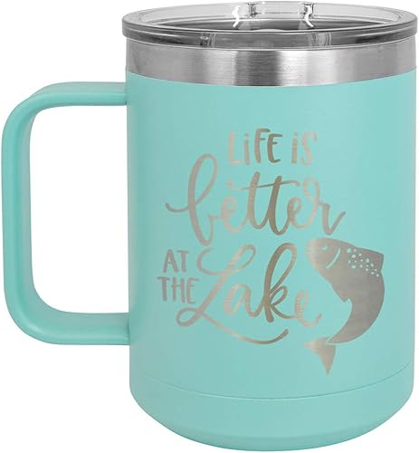 LIFE IS BETTER AT THE LAKE B Teal Taza de café de 15 oz con tapa deslizante Taza de café de viaje aislada Ideas de regalos de cumpleaños o Navidad