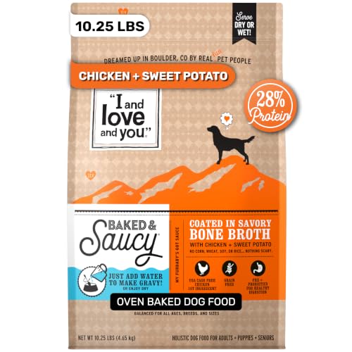 Image of I AND LOVE AND YOU Baked and Saucy Dry Dog Food - Chicken + Sweet Potato - Prebiotic + Probiotic, Real Meat, Grain Free, No Fillers, 10.25lb Bag | Grain-free kibble featuring real chicken, sweet potato, and digestion-supporting prebiotics and probiotics. No fillers.