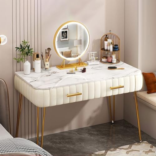 Mesa de tocador LED de maquillaje con espejo para dormitorio, cajón espacioso, 3 modos de iluminación, elegante diseño beige, 80 cm, perfecto para belleza y aseo