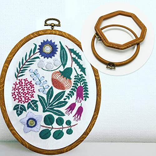 Image of 4 Sizes Imitated Wood Multiple Shapes Embroidery Hoop Set Plastic Circle Cross Stitch Hoop Rings for DIY Craft Sewing, Small Faux Wooden Embroidery Hoop Including 16pcs Gold Eye Sewing Needles