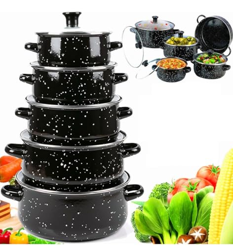 Ollas, Kitchen Juego de 5 Ollas y Sartenes Antiadherentes, Juego de Esmalte de Cocina, Batería de Cocina para Todas Las Estufas con 10 Trapo, Apto para Lavavajilla-Olla