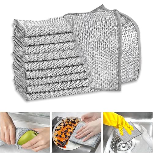 Auklet Panos de cozinha feitos de aros. Panos de 10 peças, conjunto de panos de aço inoxidável, panos de limpeza multifuncionais, reutilizáveis, húmidos e secos, resistentes a arranhões.