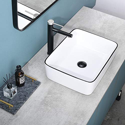 Rectangle White Porcelain Ceramic Bathroom Vessel Vanity Sink Black Trim Rectangular Art Basin by Hotis, Above Counter installation