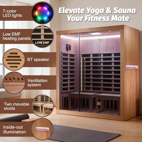 Image of Infrared Yoga Sauna,Low EMF,3-4 Person Sauna,Premium Wood,Indoor Sauna | 2365W /120V,15 Low EMF heating panels, 130℉, BT speaker, 7-color LED lights, ventilation system,tall yoga-friendly design