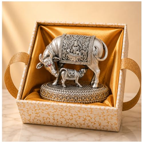 Image of 999 Pure Silver Plated Kamdhenu Cow with Calf Idol | Attracts Prosperity | Vastu Gift Wedding Diwali Housewarming | Certificate of Authenticity | Luxury Gift Box Included (999 PURE SILVER, 2.5)