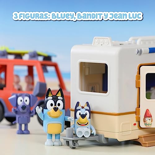 BLUEY – Family Cruiser + Campervan seti, oyun seti, aile karavanı, 3 figür, 10 aksesuar ve dekoratif çıkartmalar, 3 yıl ünlü (BLY53000)