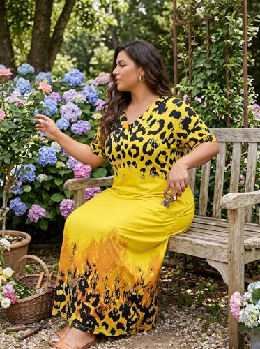 Image of Plus Size Maxi Dress for Women Short Sleeve V Neck Casual Loose Sundress with Pockets