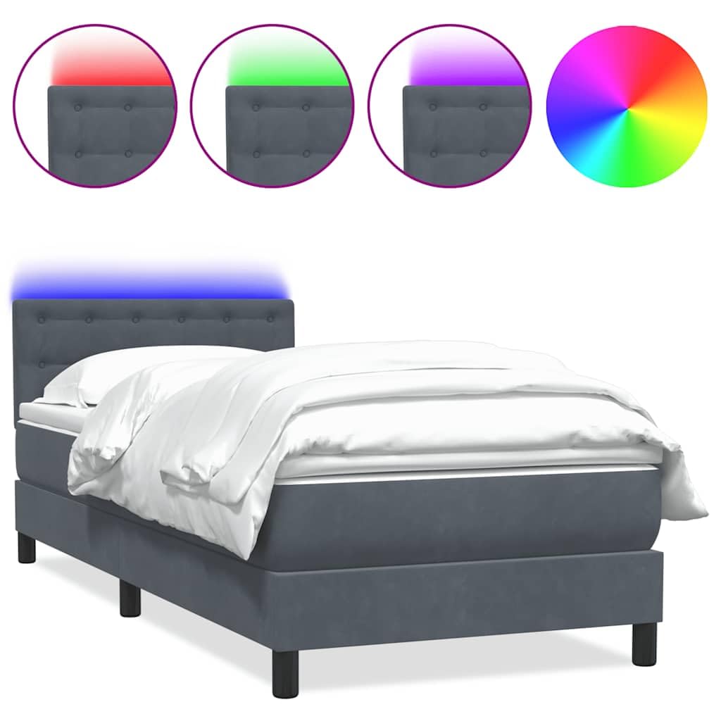Aksamitny z materacem sprężynowym LED 80x210 cm Szary | Łóżko kontynentalne 80x210 z materacem kieszeniowym, LED i zagłówkiem, ciemnoszary aksamit, nowoczesne do sypialni