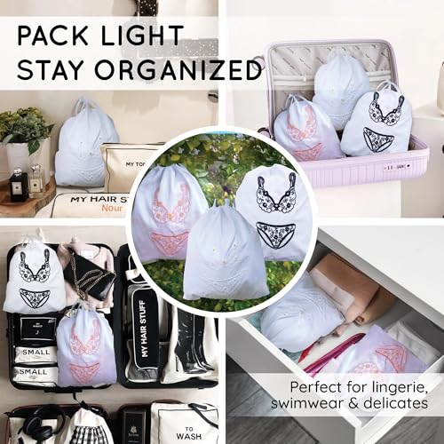 Image of Lingerie Bag for Travel Set of 3, Women Lingerie Bags with Draw Strings, Double-Layered Egyptian Cotton Beach Bags for Swimwear, Underwear & Vacation Storage, 15x15 Inches (White)
