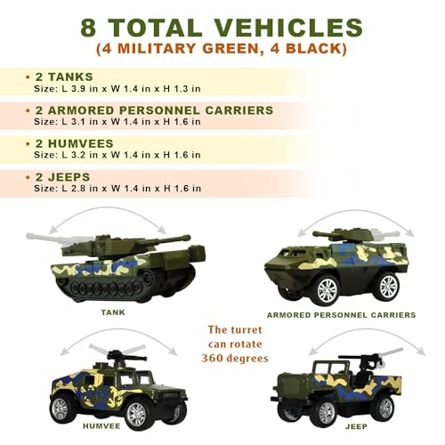 Vivandia MB189/MB139 8 Pack Diecast Military Toy Vehicle Set, 4 Green Camouflage Army Tanks 4 Black Urban Swat Police Toys, Tank, Humvee, Jeep, Armored Personnel Carrier Playset thumb #2