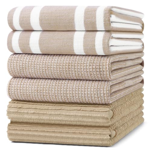 Image of Homaxy Premium Kitchen Towels(18 inchx 28 inch, 6 Pack), Large Cotton 380 GSM Kitchen Hand Towels, Soft and Absorbent Terry Dish Towels, Multipurpose Tea Towel Set with Hanging Loop, Khaki