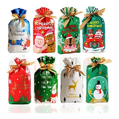 ROSAUI Christmas Gift Bags,32Pcs 8 Designs Christmas Drawstring Bags,Reusable Gift Wrapping Bags for School Office Nursery Kindergartens Family Friend Xmas Holiday Party Decoration Cover