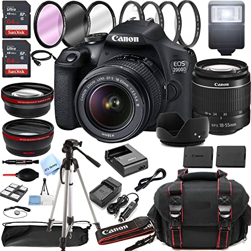 Canon EOS 2000D (Rebel T7) DSLR Camera w/EF-S 18-55mm F/3.5-5.6 Zoom Lens + 128GB Memory + Case + Tripod + Filters (36pc Bundle) (Renewed)