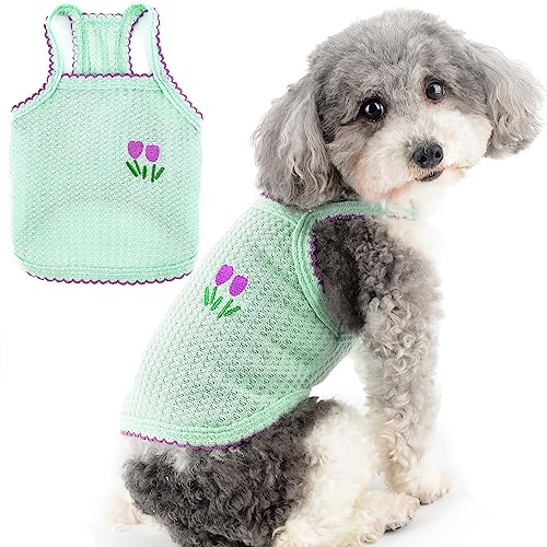ZUNEA 犬服 夏 キャミ シャツ 小型犬 かわいい タンクトップ おしゃれ 可愛い 刺繍 花柄 クール ニットベスト tシャツ 通気 伸縮性 涼しい ドッグウエア 洋服 柔らかい ひんやり ペット猫犬服 子犬 チワワ トイプードル お散歩 グリーン L