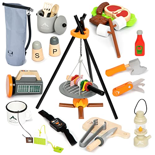 Image of UMU Kids Camping Toys Set, Pretend Play with Campfire, Wooden Camping Playset Cutting Food for Play Kitchen Camping Gear for Kitchen Indoor Outdoor Camping Toys for Kids Toddlers Boys Age 3 4 5 6 7 8+