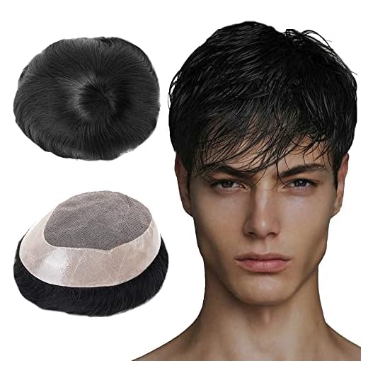 Lordhair Hair Toupee for Men Hair Pieces Systems Mens Replacement with PU Base Off Black 1B#