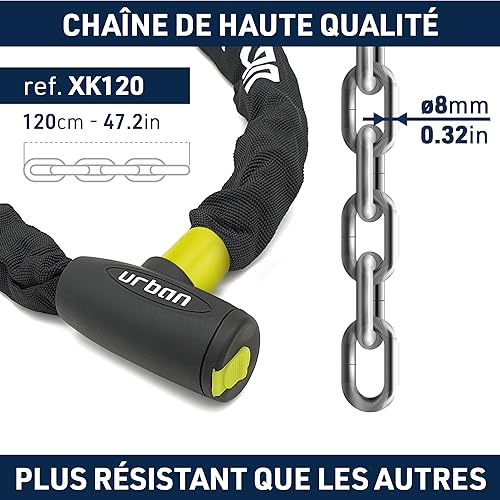URBAN XK120 Chaine Antivol pour Velo en Acier Trempé,100cm et Maillons ø8mm, Serrure Haute Sécurité, Plus Compacte et Plus Facile Transport, Anti-Rayures, Cadenas Polyvalent pour Vélo Moto ou Scooter - 5