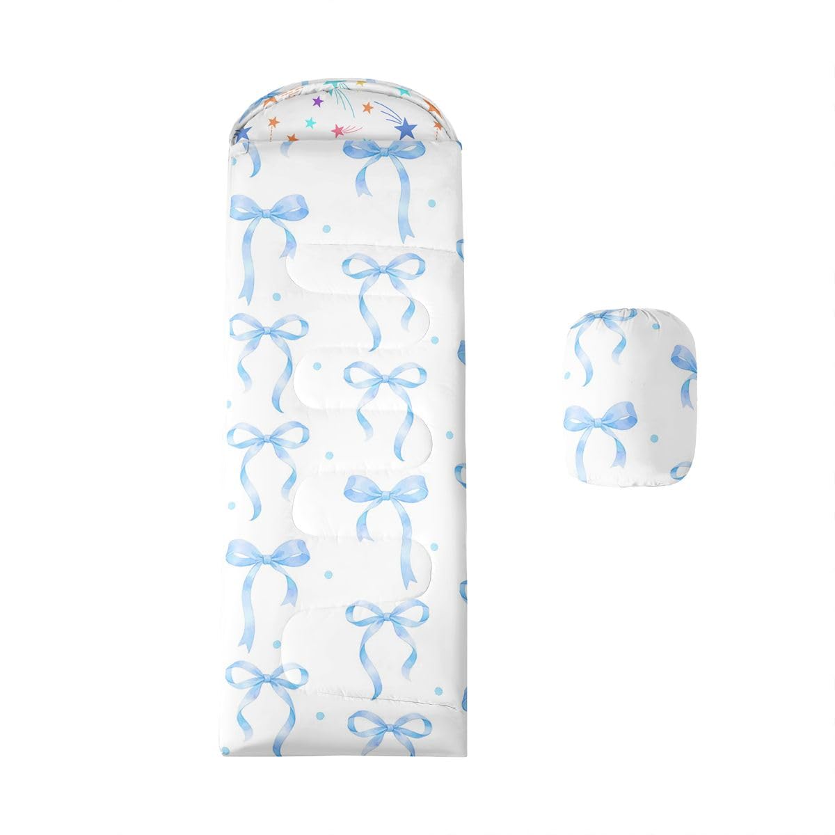 Feelyou Girls Bow Sleeping Bag for Kids Boys Girls Blue Bowknot Warm Cold Weather Sleeping Bags with Compression Sack Coquette Aesthetic Lightweight Portable for Camping Backpacking Outdoor Indoor