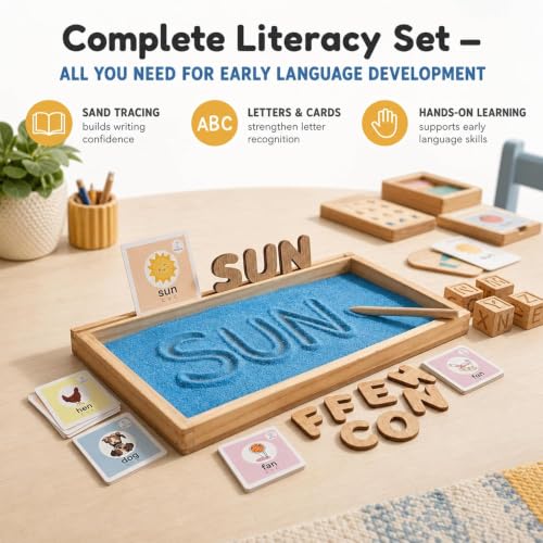 Image of Tantrums Wooden Alphabet Montessori Educational Toy | Sensory Play & Learn Kit | CVC Flash Cards, Movable Letters, Writing Tray | Early Literacy | Ages 3+ (Blue)