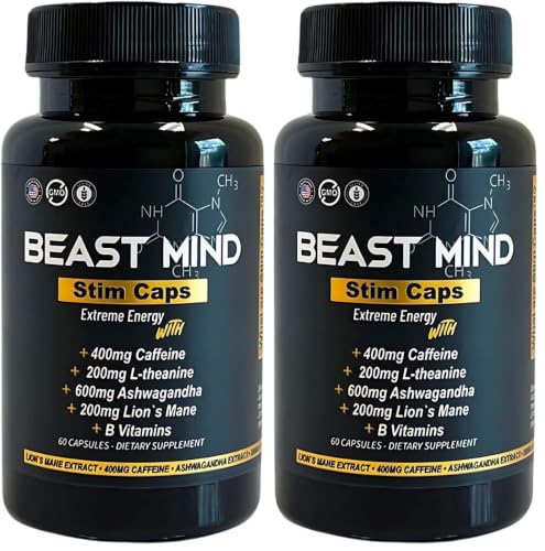 Image of Beast Mind Extreme Energy Pills | 400mg Caffeine | 600mg Ashwagandha | 200mg Lions Mane | Increased Energy & Focus & Mood | Pre-Workout Supplement (Pack of 2)