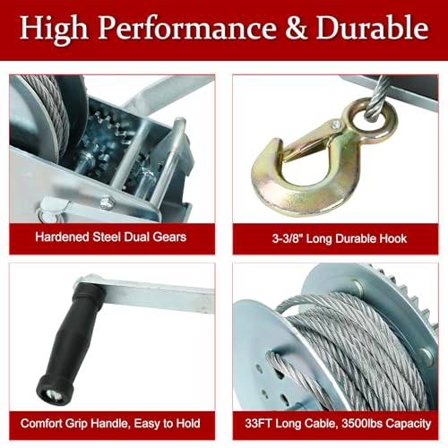 BLACKHORSE-RACING 3500 lbs Hand Winch with 33FT Cable, Hardened Steel 2 Gear Manual Crank Winch for ATV RV Boat Trailer Truck Marine Winch Heavy Duty Hand Crank Winch with Hook