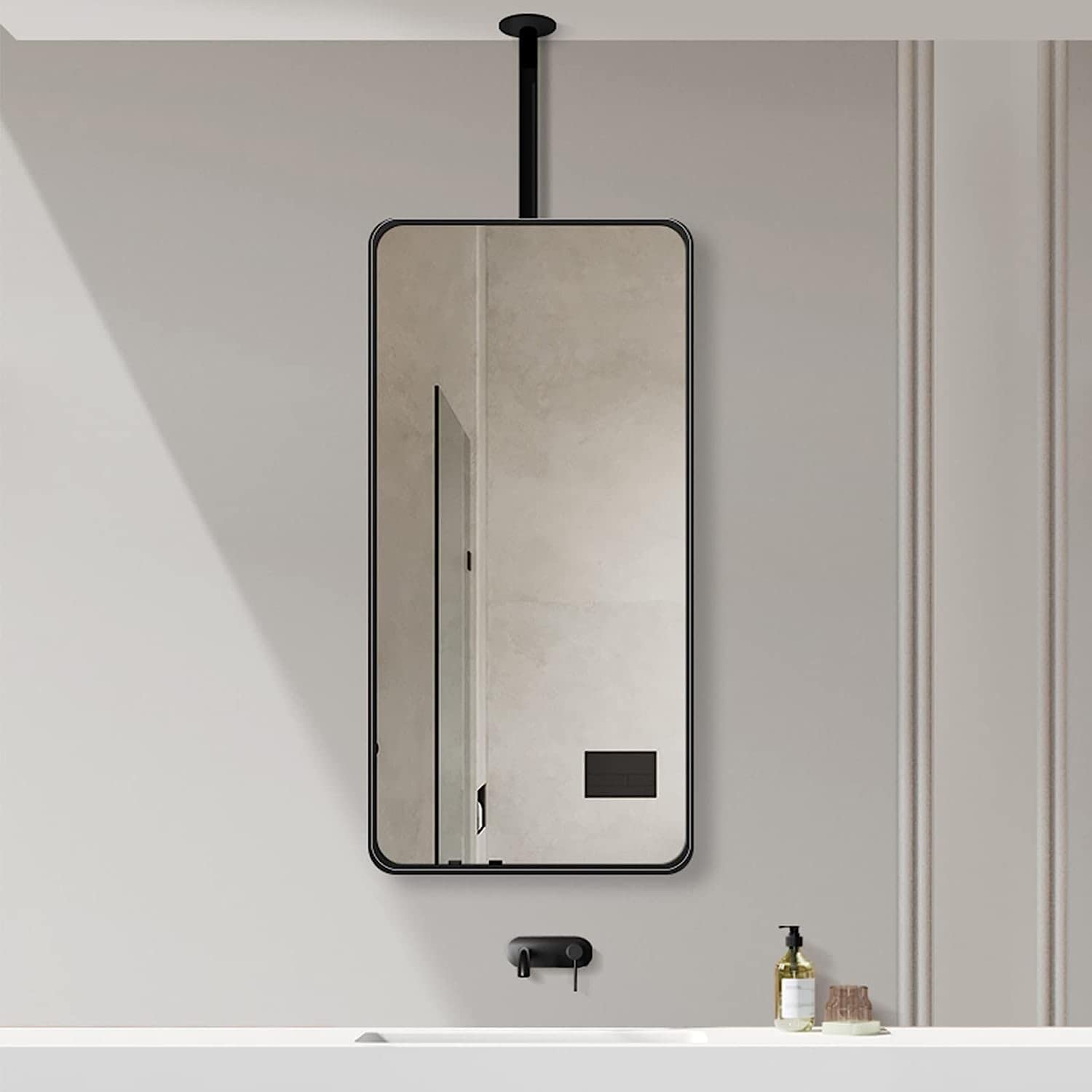Miroir suspendu cadre carré en métal noir de haute qualité et perche rigide