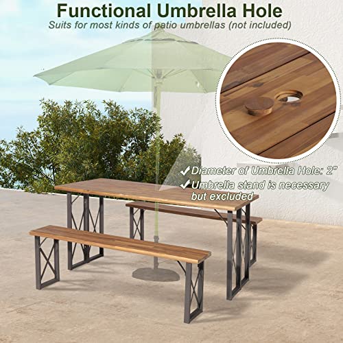 Tangkula 3 Piece Picnic Table Bench Set, Outdoor Acacia Wood Picnic Table With 2 Benches, 2-Inch Umbrella Hole, Heavy-Duty Metal Frame, Space-Saving Outside Table And Bench Set For Backyard, Patio #TOP5
