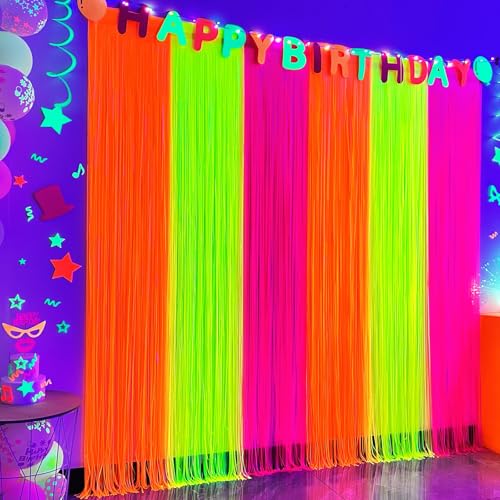 Image of Aduck Glow in The Dark Party Supplies, Neon Party Decorations Foil Fringe Curtains with Tinsel Backdrop(2-Pack), Fluorescent Yellow /Orange /Pink Streamers for Photo Booth Birthday Decorations-6.6x6.6ft