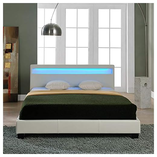 Corium] Cama de Matrimonio de Cuero sintético (París) - con colchón y con Sistema de iluminación LED (180x200cm) - (Blanco)