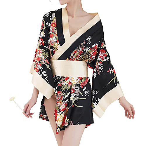 Kurzes Kimono-Kostüm für Erwachsene, sexy, floral, tiefer V-Ausschnitt, Satin, Nachtwäsche, Bademantel, Nachtwäsche, Outfit, Black, Large Cover