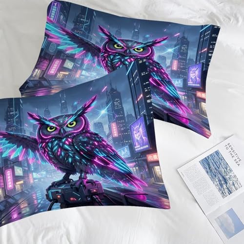 Image of Owl Comforter Set Full Size Robot Bird Bedding Sets for Boys Girls Kids Teens Bedroom Decor 3D Neon Sci-Fi Cyberpunk Animal Quilt 1 Comforter 2 Pillowcases