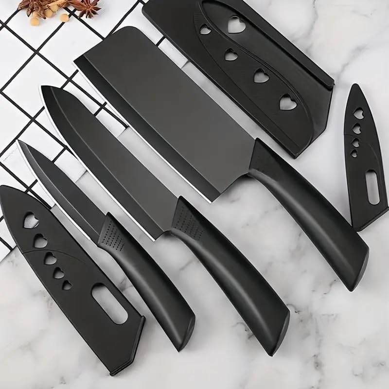 Image of Marco Almond Kitchen Knife Set, Marco AlmondA‚ 3Piece Rainbow Titanium Stainless Steel Boxed Knives Set for Kitchen with Sheath, 3 Knives with 3 Blade Guards, Teal (Black)