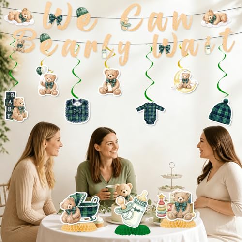 Image of Bearly Wait Baby Shower Decorations, 12PCS Vintage Plaid Teddy Bear Glitter Banners with Hanging Swirls Party Decorations, Welcome Baby Bear Honeycomb Centerpiece Decor Supplies
