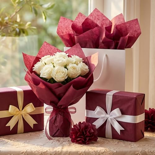 Image of Bobobag 100 Sheets Burgundy Tissue Paper 20 inchX14 inch Tissue Paper for Gift Bags, Gift Wrapping Tissue, Christmas Tissue Paper Anniversary Holiday Decoration Arts Craft