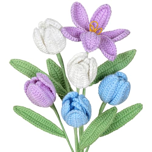 UXORSN 6 Piezas Ramo de Tulipanes de Ganchillo Hecho a Mano Flores Artificiales Multicolor Acabado de Ganchillo Regalo a Granel para Madre Hogar Cumpleaños Boda Oficina Jarrón Mesa Decoración