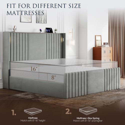 Image of King Size Bed Frame with 55.1 inch Tall Headboard, Velvet Upholstered Platform Bed with Channel Tufted Wingback, 2 Reading Lights /Storage Shelf /Charging Station /Easy Assembly /Noise-Free, Grey