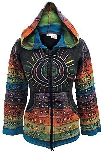 SHOPOHOLIC FASHION Säuregewaschene Hippie-Jacke mit mehrfarbigen Patchwork-Regenbogenstreifenärmeln (Black, XL)
