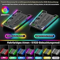 Rysker PS5/PS5 Slim/PS5 Pro Ständer für Disc & Digital, 3-stufige PS5 Kühlstation und RGB LED mit Controller Ladegerät für PS5 & Edge Controller, PS5 Zubehörsets mit 3 Ladeanschlüssen, Schwarz – Ansicht 7