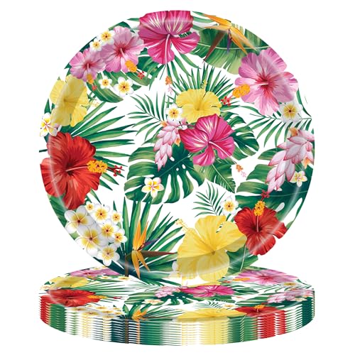BHNACIER 32pcs Hawaiian Luau Paper Plates 7" Disposable Tropical Luau Party Platters Hawaiian Party Supplies Aloha Hawaiians Paper Plates Tropical Hibiscus Papers Plate for Luaus Supplies