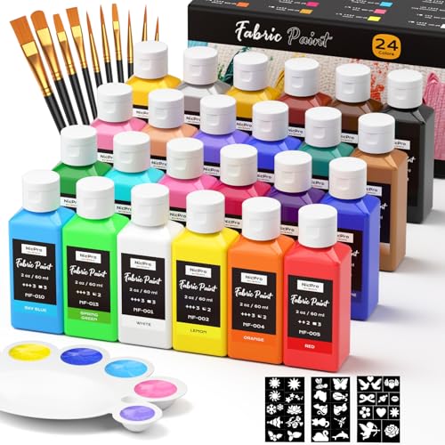 Nicpro Pintura para Tela Lavable 24 Colores de Pintura Textil 60 ml, Pintura para Ropa Permanente con 10 Pinceles, Paleta, Plantillas, No Tóxicas, para Camisetas, Zapatos, Bolsos, Jeans
