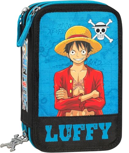Clondo Astuccio Triplo Riempito Bambino, Per One Piece Luffy Fan Bambini, 45 Accessori Scuola, 3 Zip, Scomparti Organizzati, Pastelli, Pennarelli, Forbici