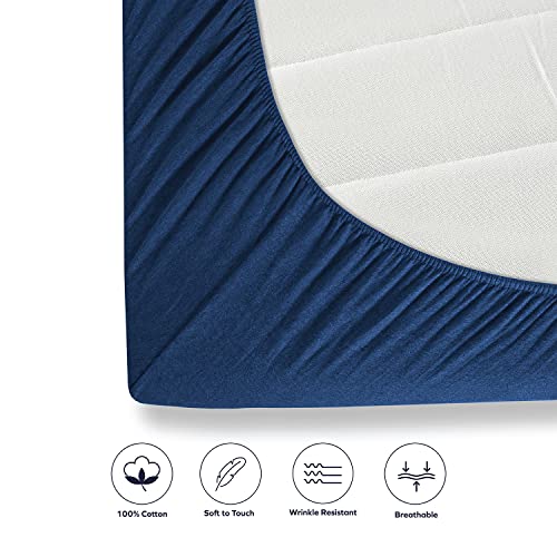 Blc Twin Size Jersey Fitted Sheet Only, Premium Organic Cotton Snug-Fit Bottom Sheet, Stretchy Deep Pockets Fits Mattress Up To 15" - Wrinkle Free, Fade And Stain Resistant (Midnight Blue) #TOP5
