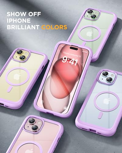 Image of Miracase Magnetic for iPhone 15 Plus Case 6.7'' [Compatible with Magsafe] Full-Body Military Drop Proof 15 Plus Phone Case Cover with Built-in 9H Tempered Glass Screen Protector,Light Purple