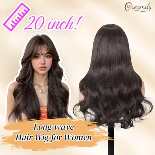 Image of Creamily Long Wave Hair Wig for Woman Full Head Brown Synthetic Heat Resistant Fiber with Bangs 20 Inches Layered Curly Wig for Women Replacement Wig Cosplay