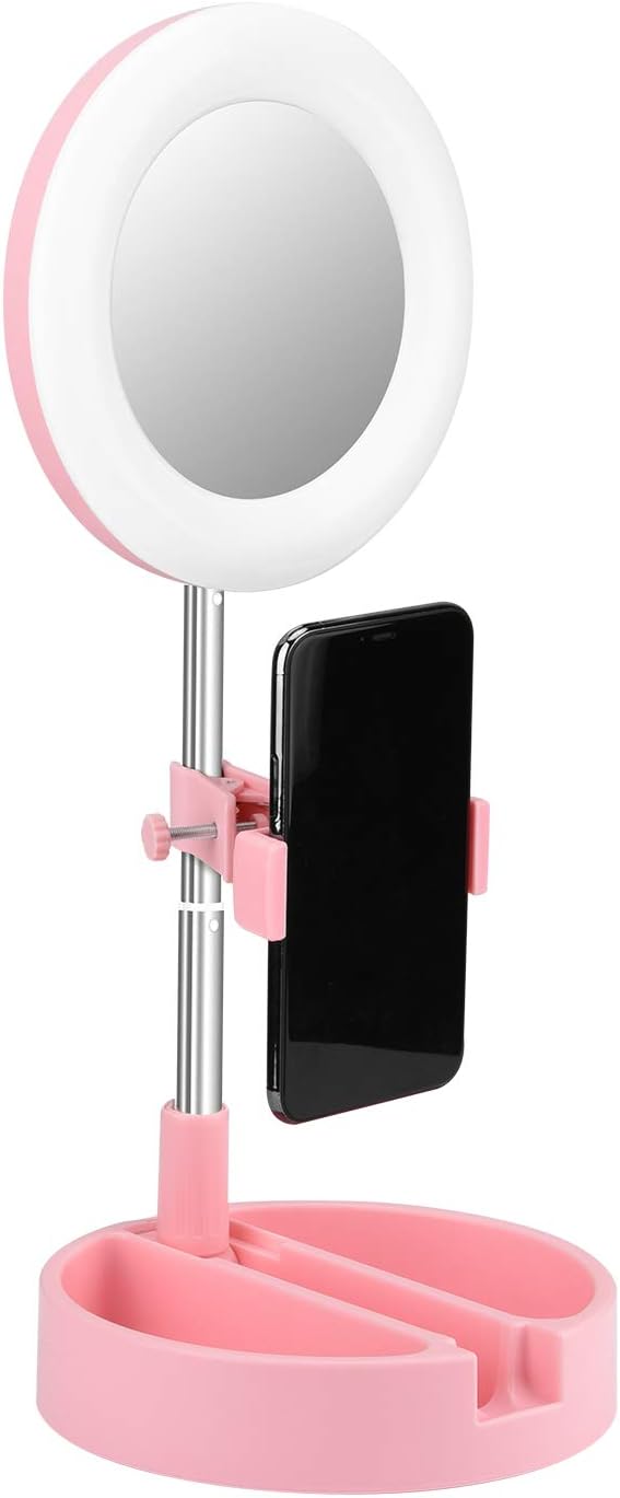 6.3'' Portable Ring Light with Stand and Phone Holder,3 Color Modes and 10 Brightness,2020 Upgraded Foldable Makeup Light with Mirror,USB Powered,for Live Streaming, YouTube (Pink)