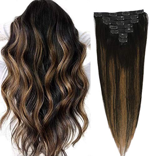 Balayage Clip in Human Hair Extensions Ombre Natural Black Mixed Chestnut Brown Remy Hair Extensions Clip in Natural Hair Extensions Silky Straight Real Hair 16 inch 7pcs 120g #1B/6/1B